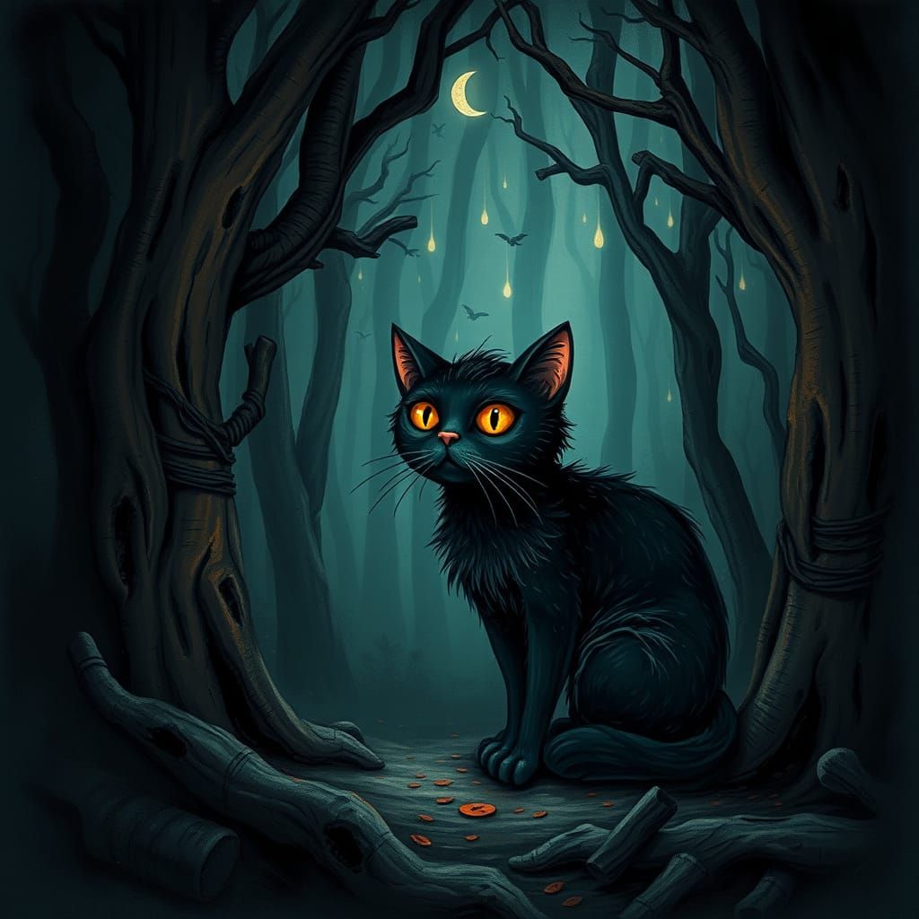 Whimsical Cat in Dark Mystical Forest