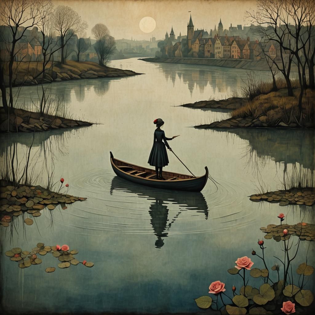 Surreal Figure in Labyrinth: Ink Painting with Steampunk Ele...