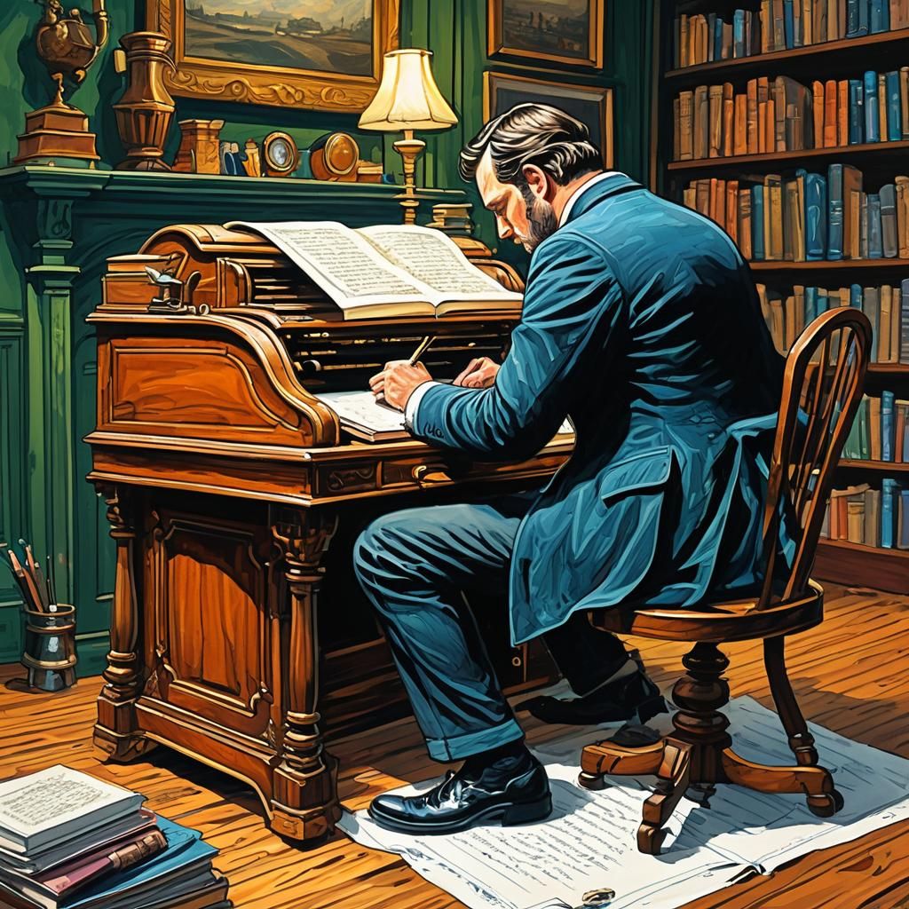 Victorian Writer at Desk in Gouache Style