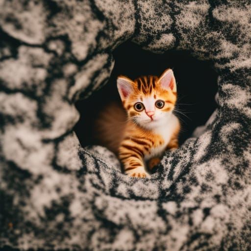 Cute Kitten in a Crystalline Cave Interior