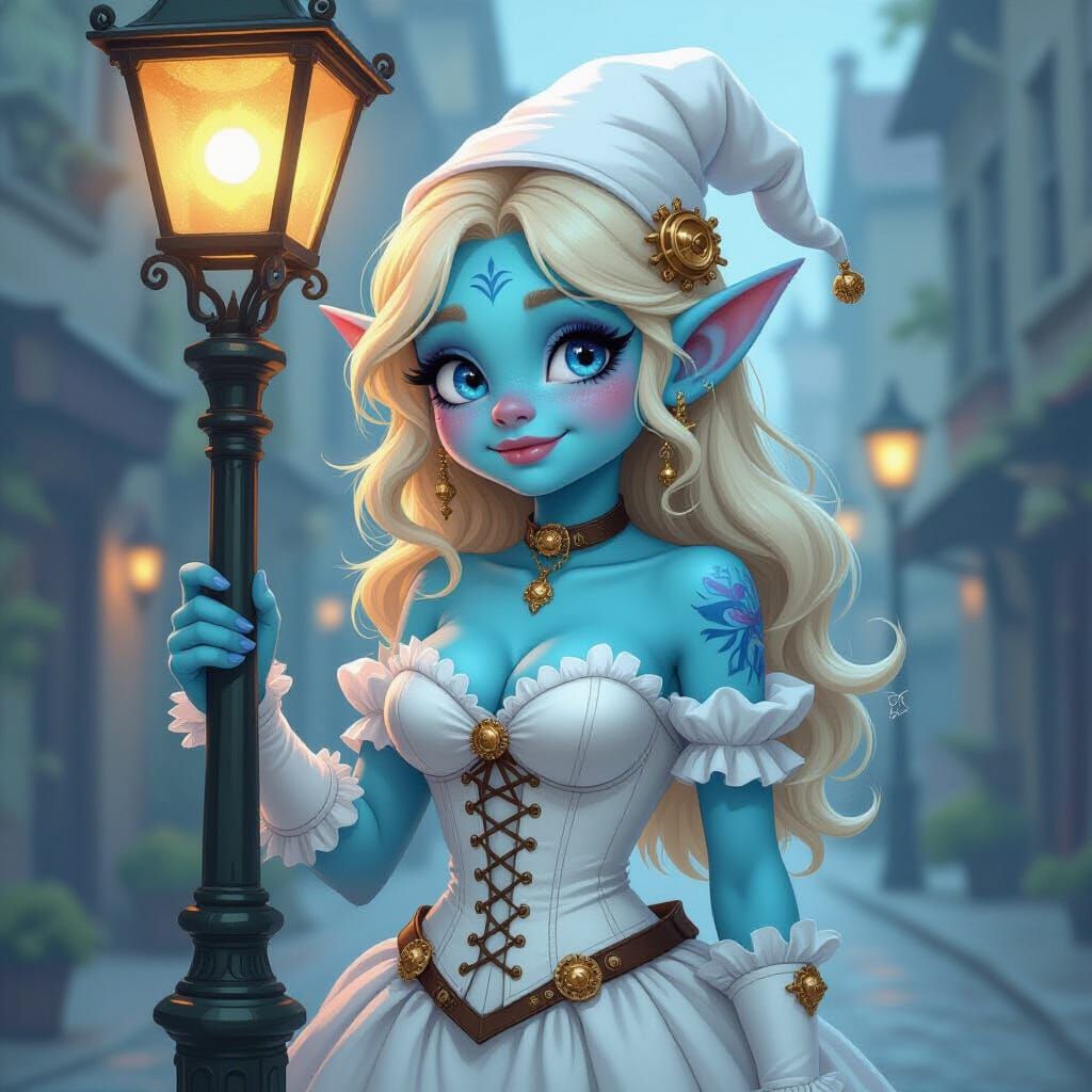 Troll-Smurf Girl in Steampunk Dress Under Gas Lamp