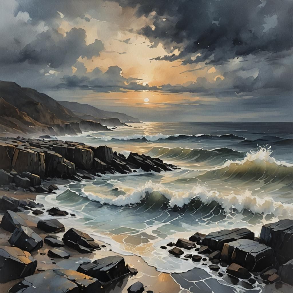 Dramatic Seascape Painting at Twilight in Gouache