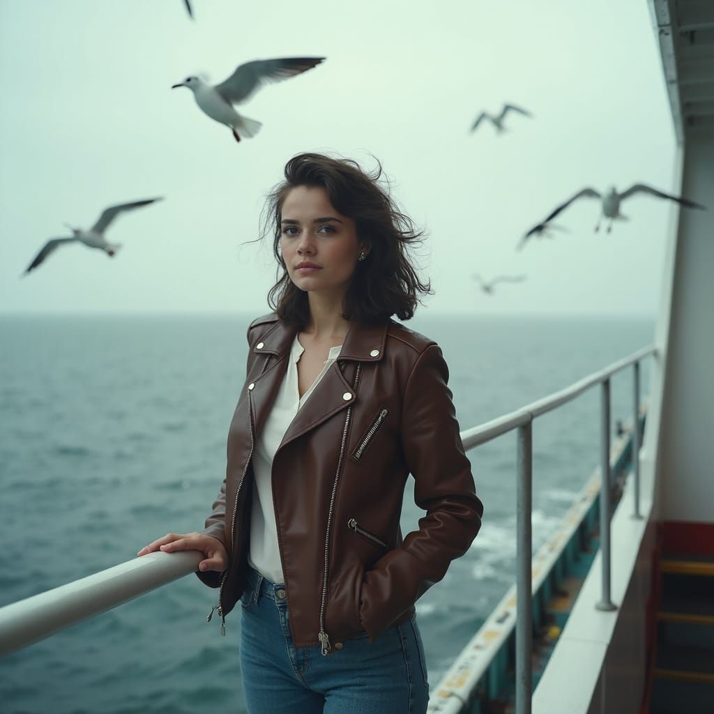 Young Woman on Ferry Deck in Cinematic Style