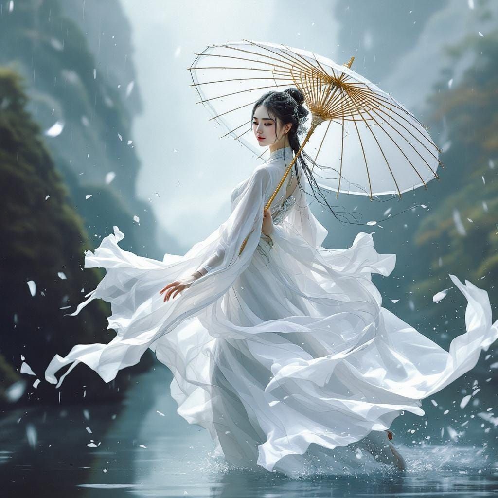 Elegant Woman Dancing in Rain, Oriental Fantasy Oil Painting