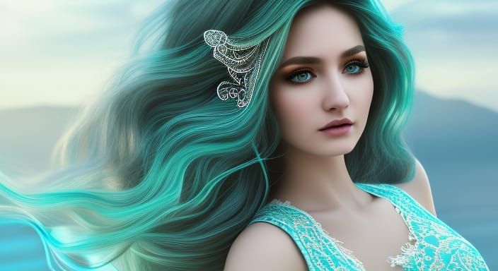 Elegant Lady in Turquoise Lace Dress, Hyper-Realistic 8k