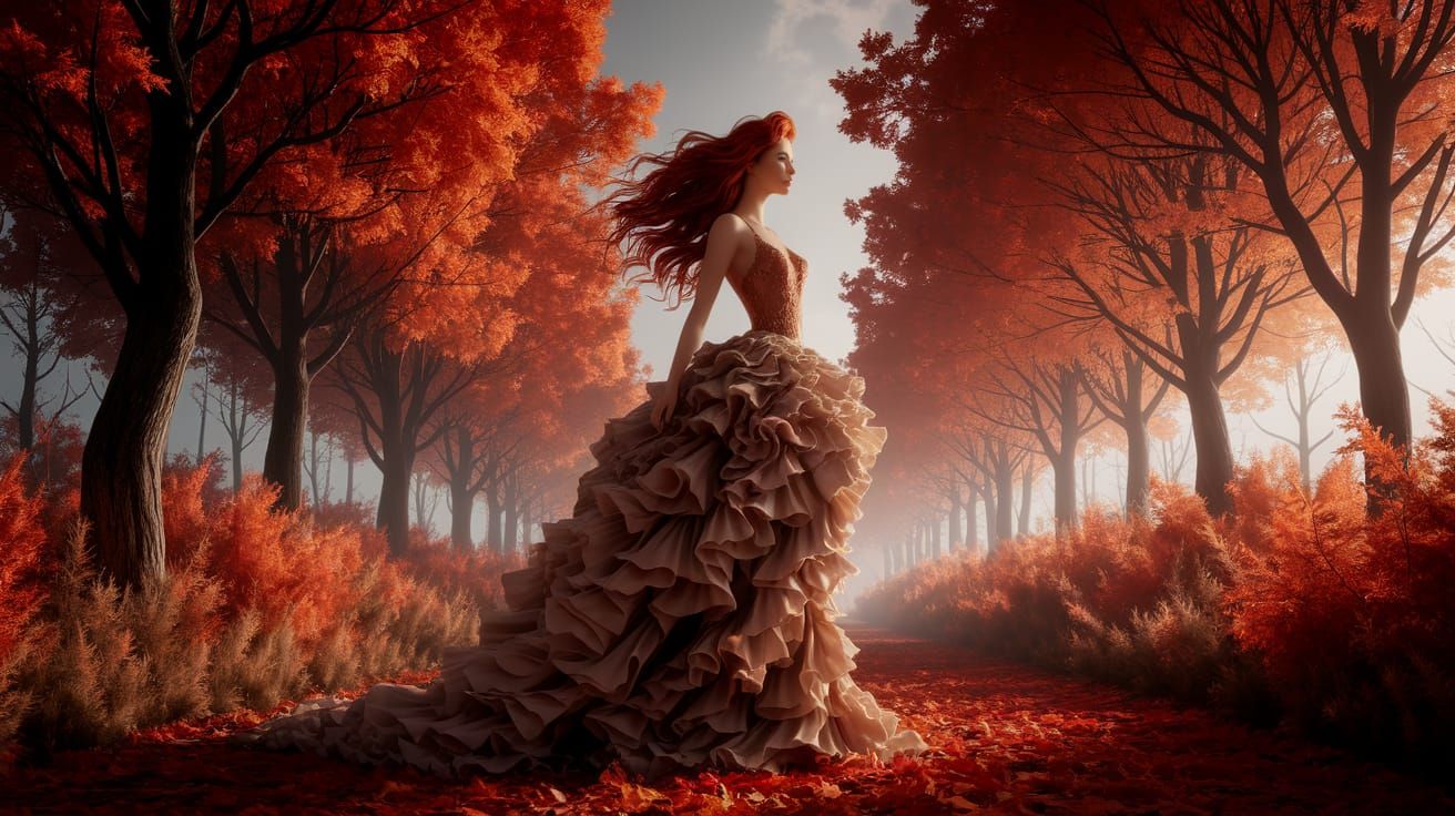 Autumn Forest Fashion Model in Oil Painting Style