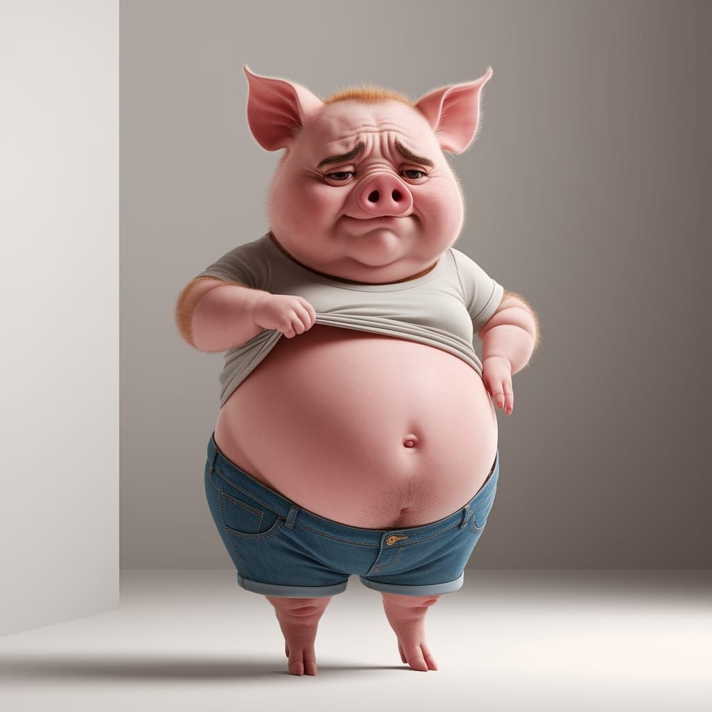 A chubby and cute little pig with a worried expression.