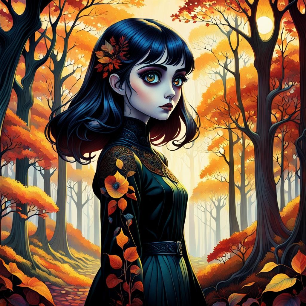 Gothic Girl in Autumn, Art Nouveau Style