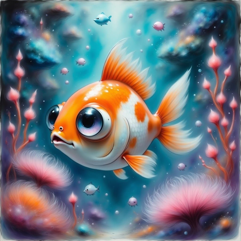 A close-up whimsical chibi gold fish with large, shimmering ...