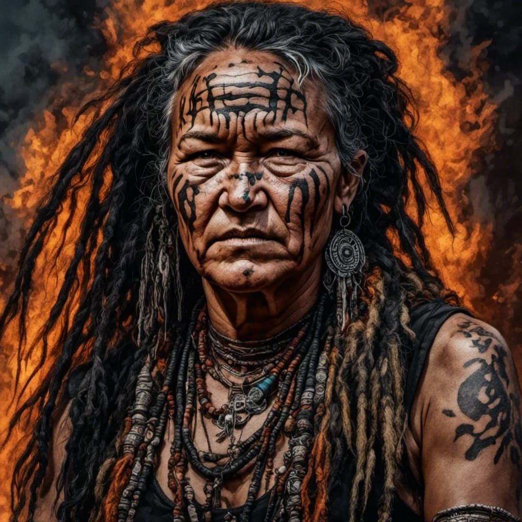 <lora:Tribal Colors:1.0> portrait of an old native woman <lo...