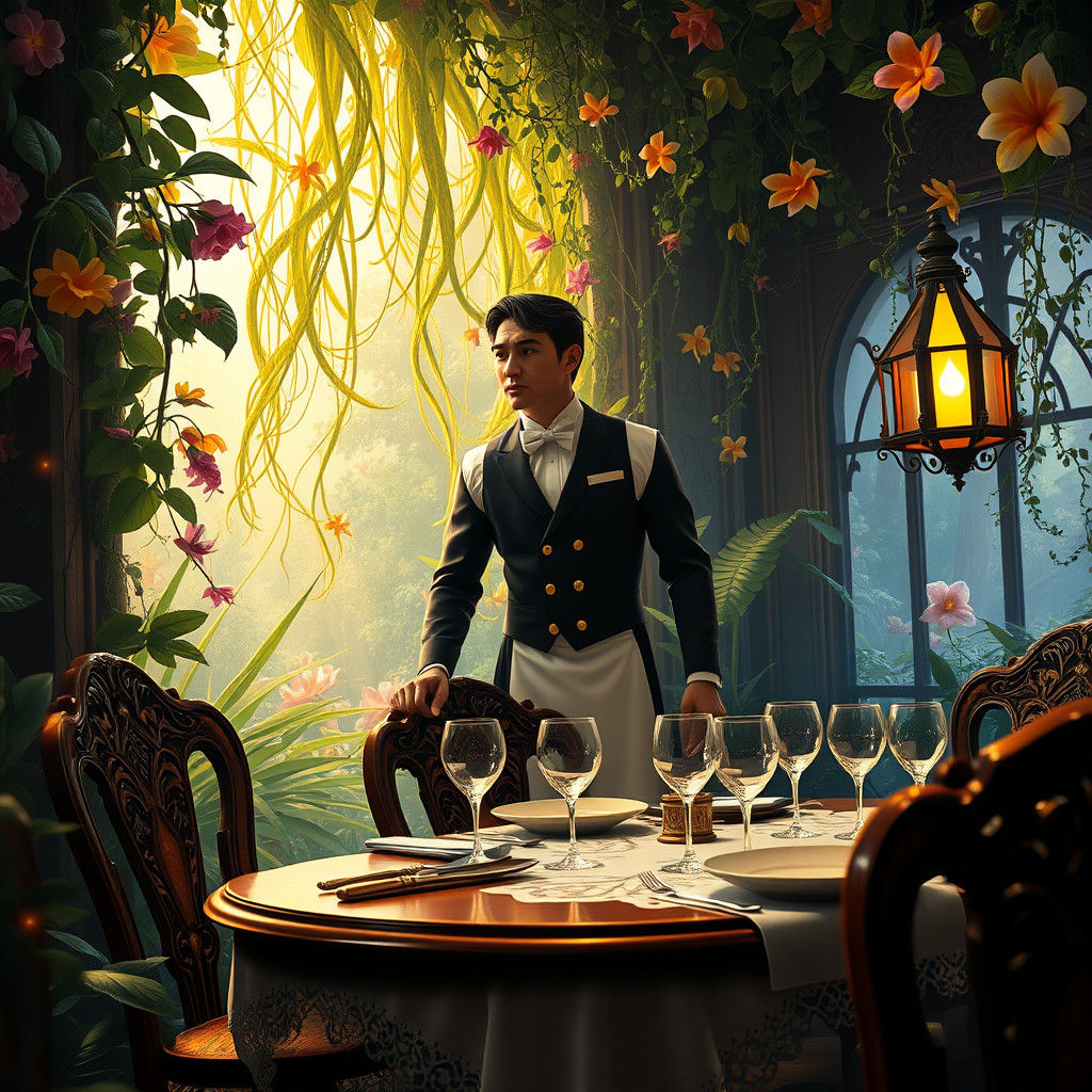 Elegant Waiter in a Dreamlike Environment