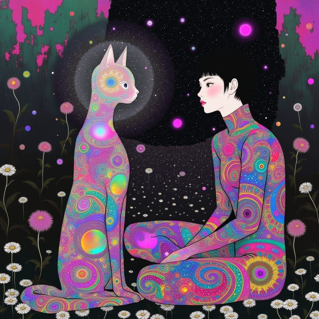 Serene Woman in Psychedelic Catsuit with Mystical Feline Com...