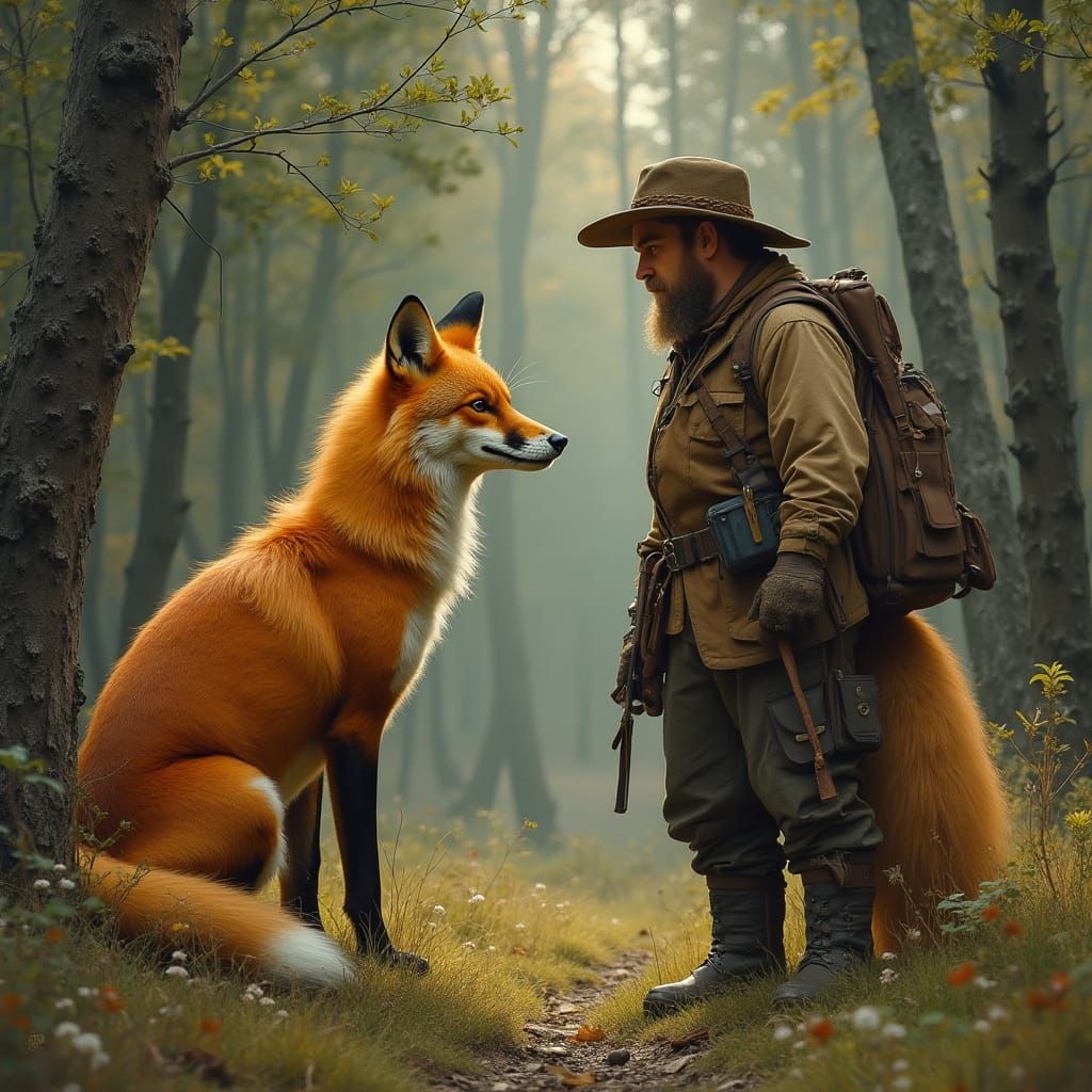 Fox and Hunter in Forest, Fantasy Art