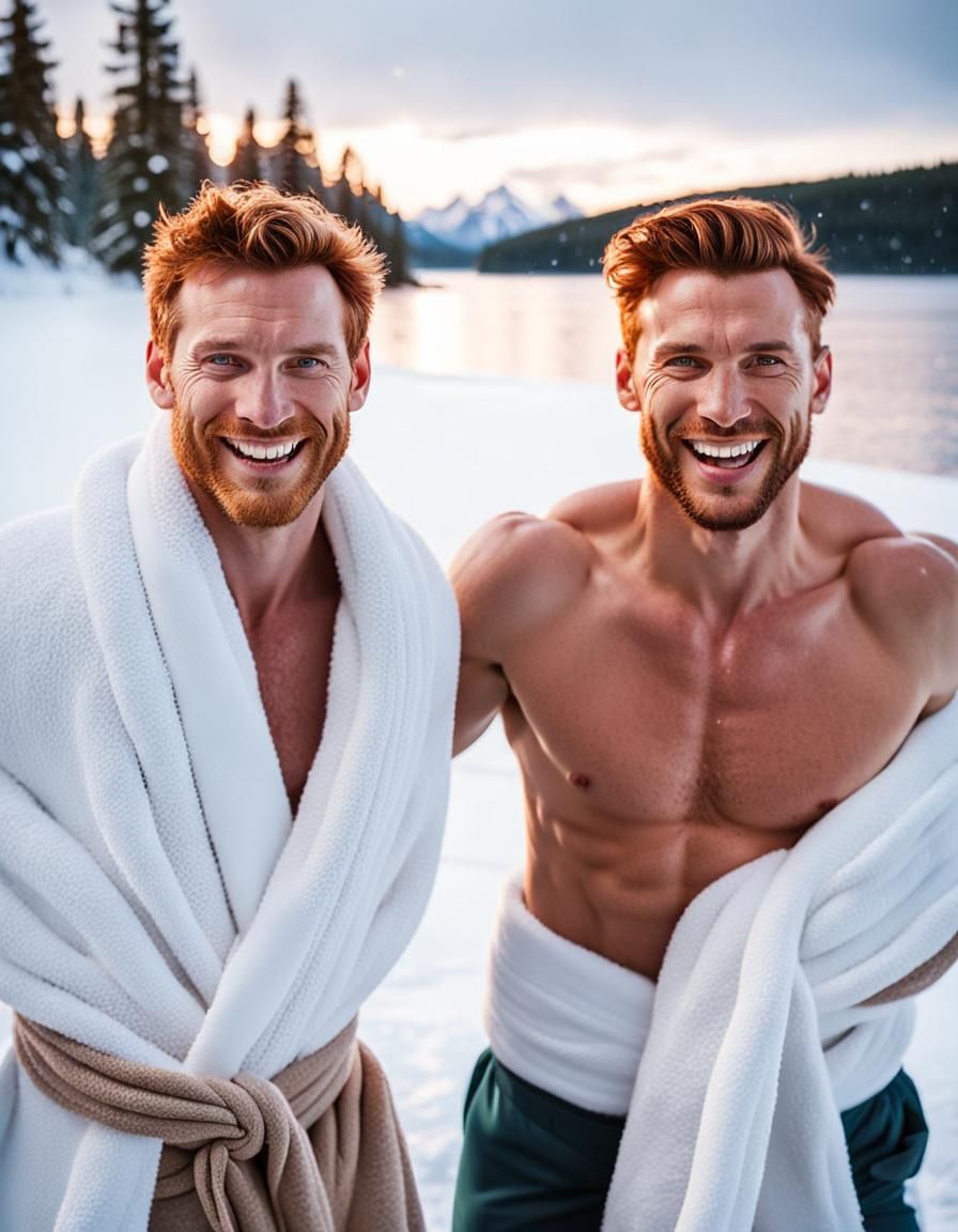 Winter Sauna Bliss: Two Men Enjoying a Nordic Lake