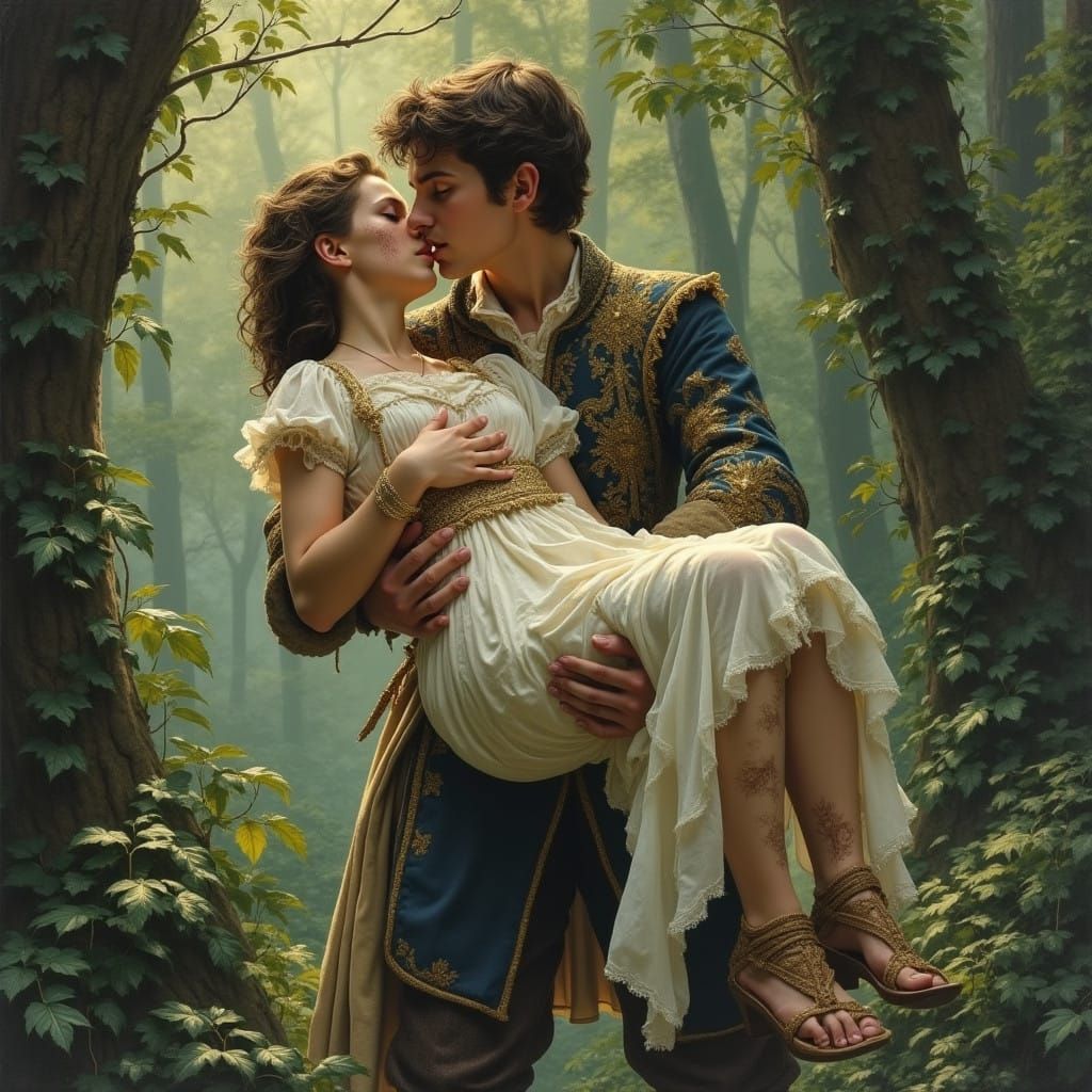 Young Prince Tenderly Holds Unconscious Maiden in Forest