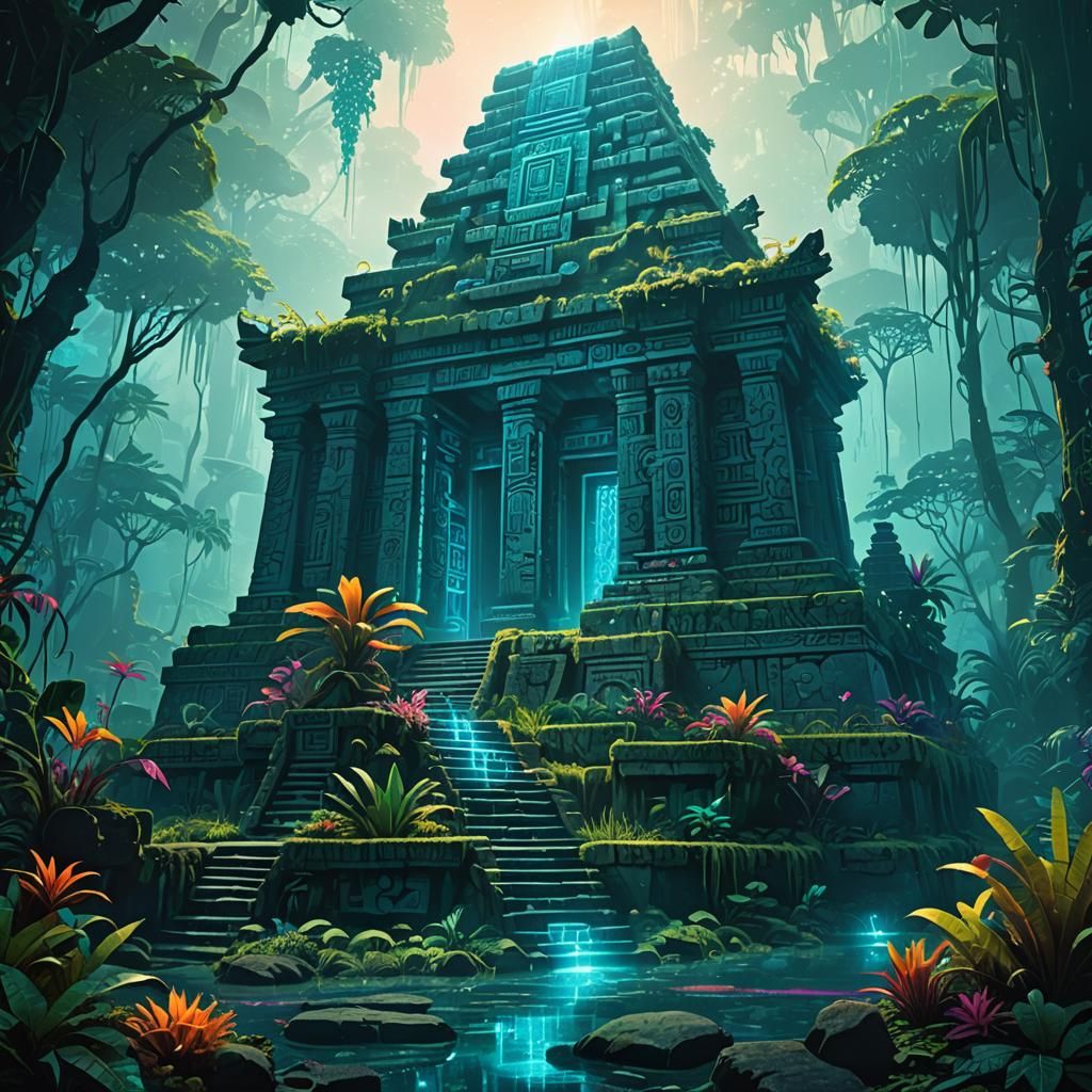 Aztec Temple in Bioluminescent Jungle: Digital Matte Paintin...