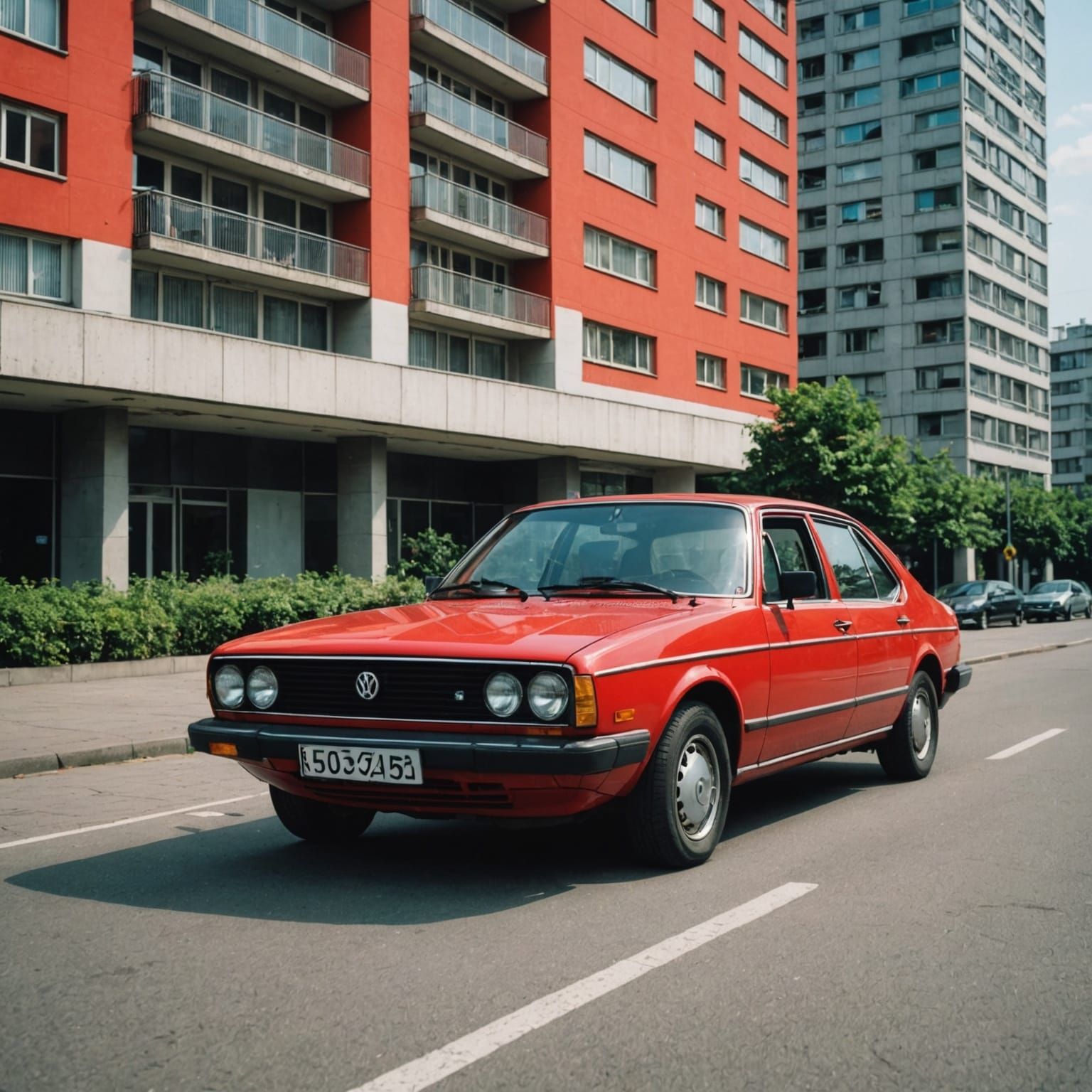 Vintage Volkswagen Passat at Modern High-Rise