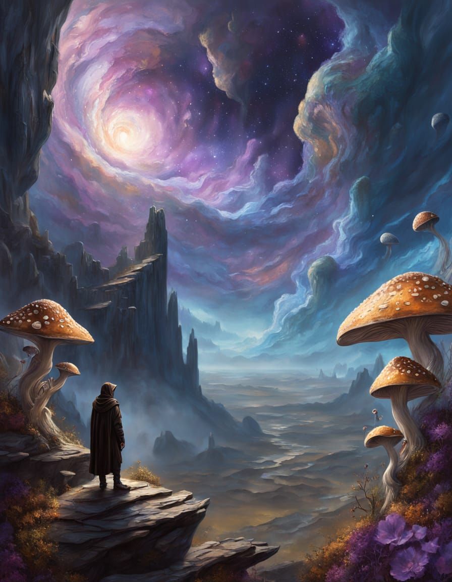 Cloaked Figure on Crystal Cliff Gazing at Amethyst Nebula