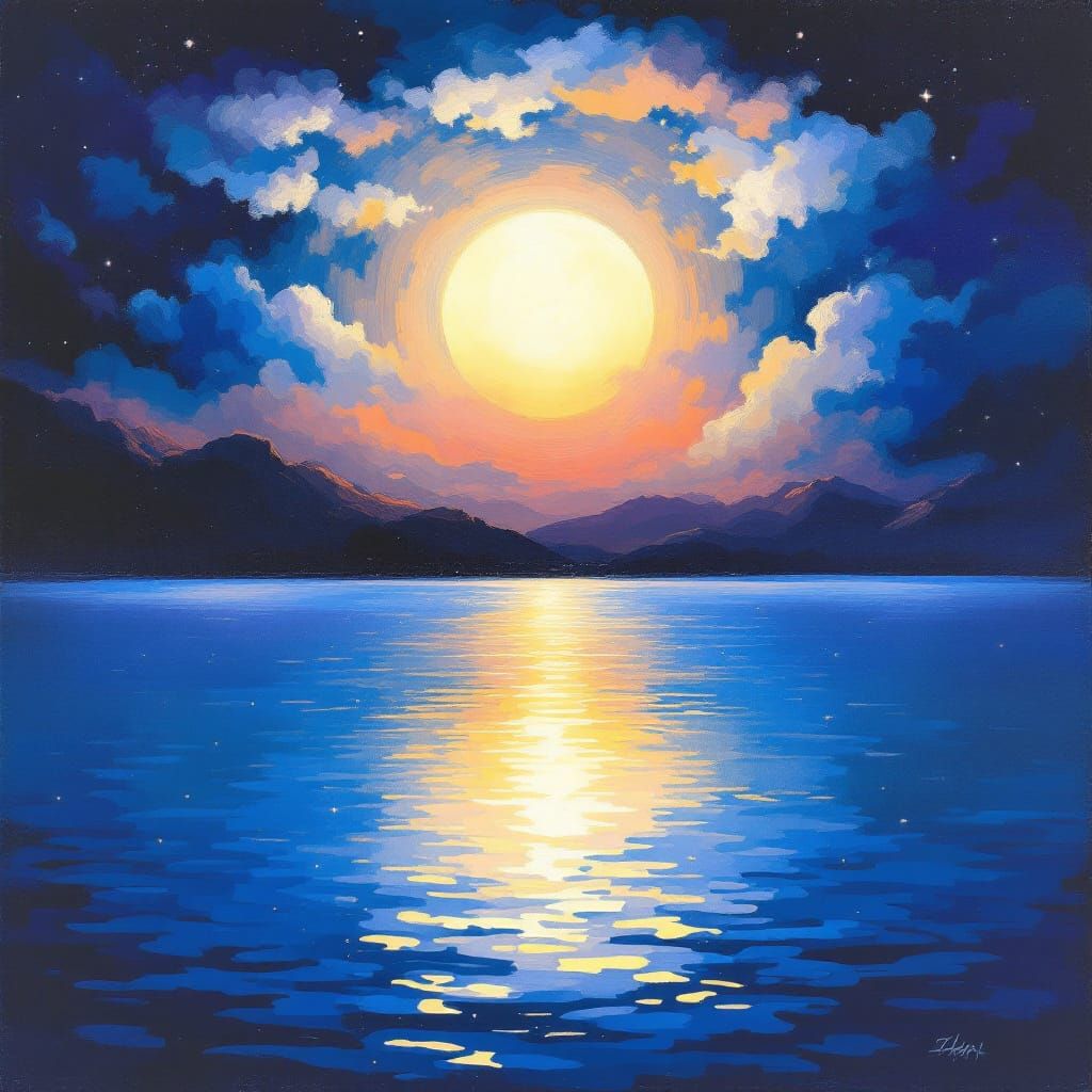 Impressionist Moonlit Symphony Reflecting on Serene Lake
