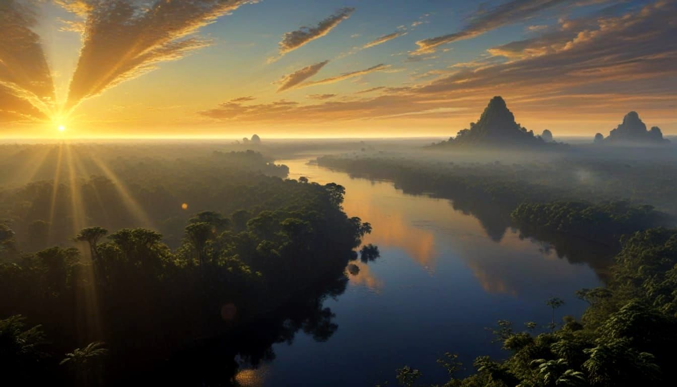 Amazon Sunrise Landscape in Hyperrealist Style