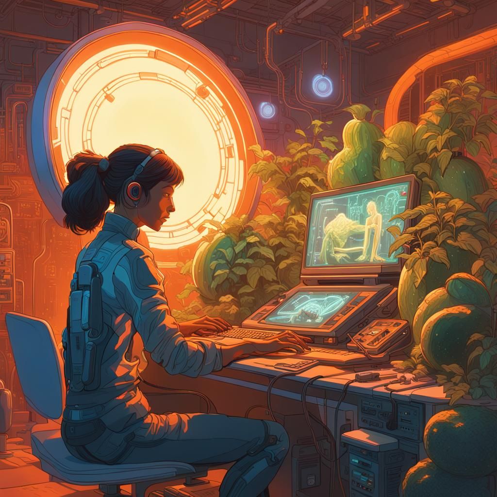 Ethereal Circuit Woman in Lush Cyberpunk Garden