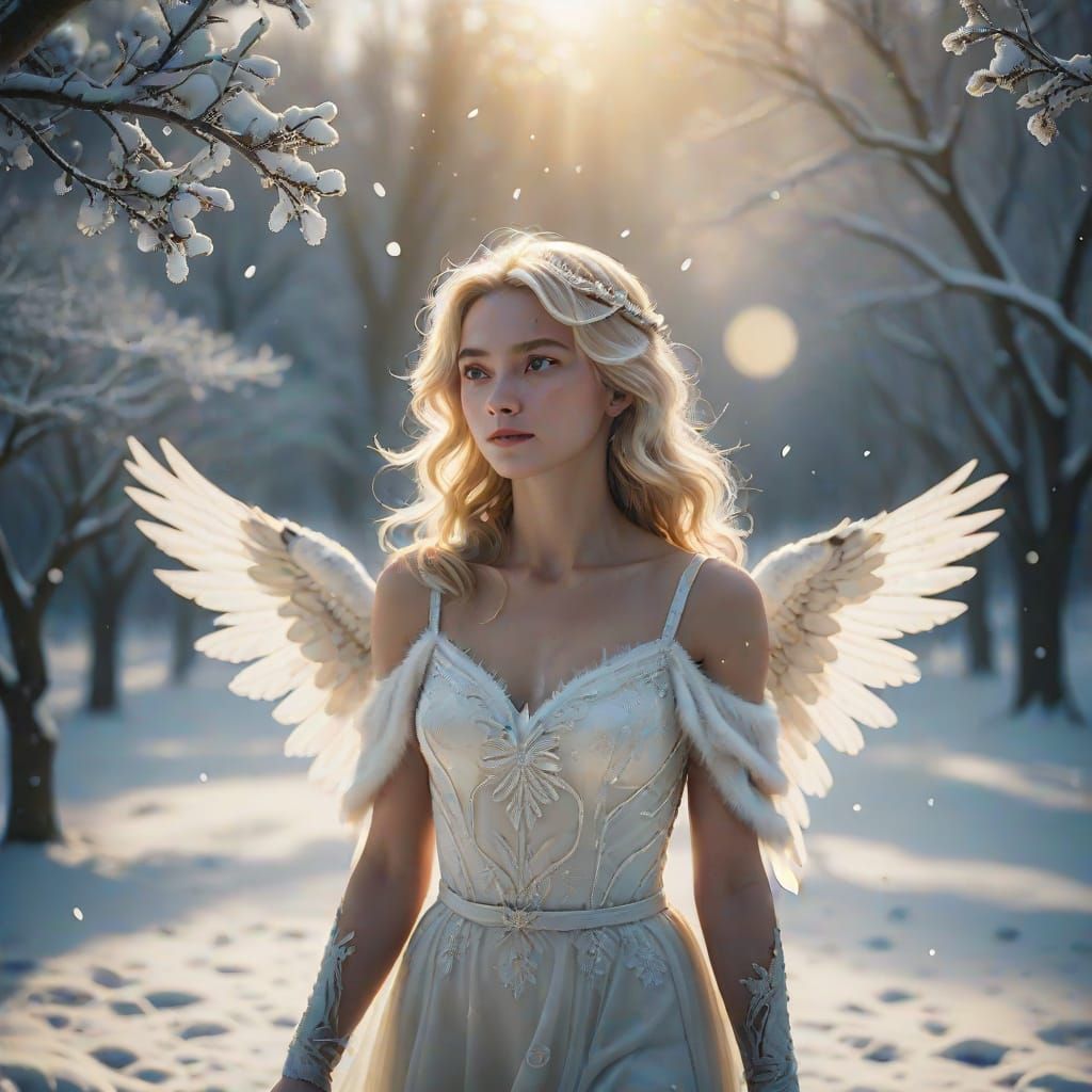 Cinematic Film Still of Angel and Tiger in Snowy Golden Appl...