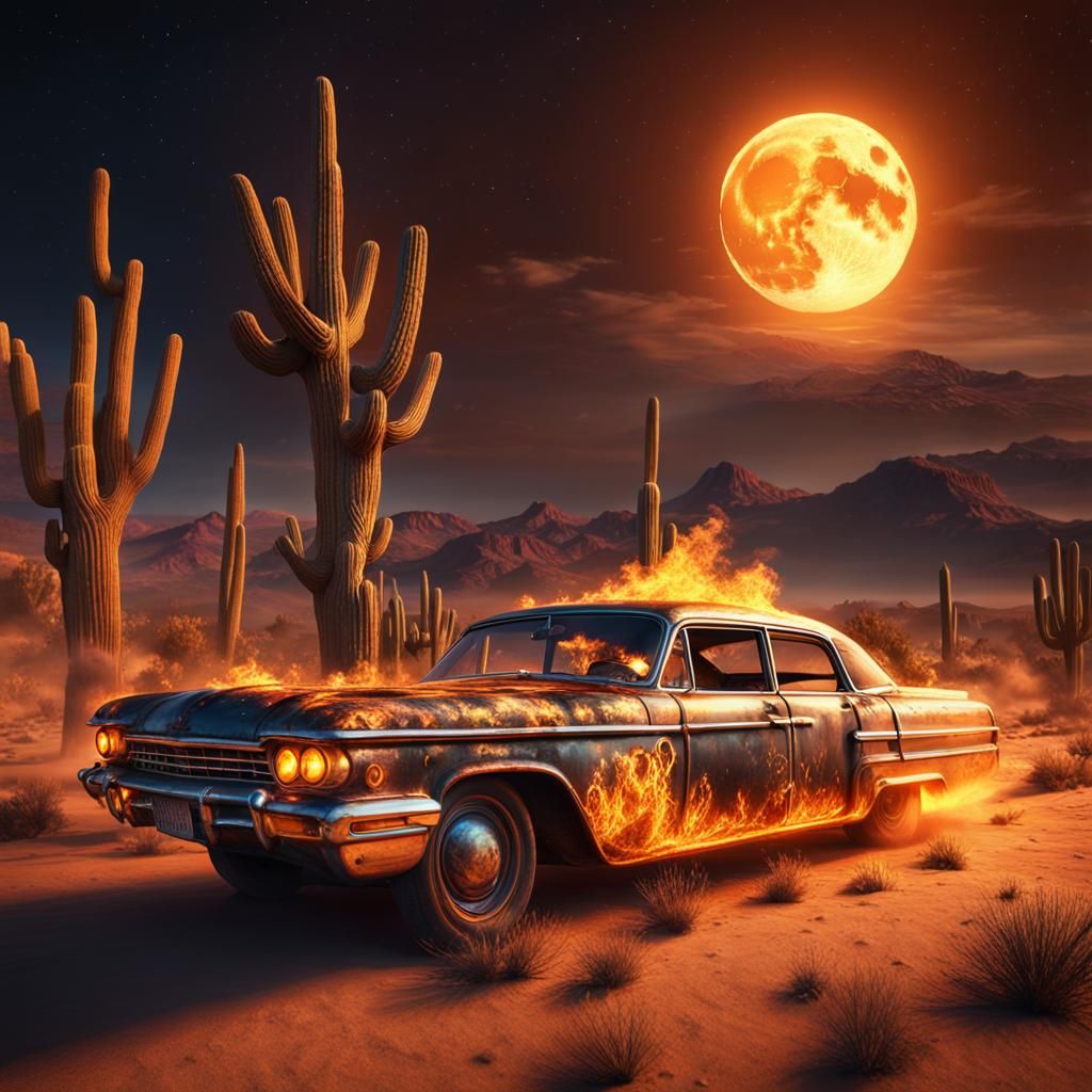 Ghost Car in Flames: Arizona Desert Matte Painting