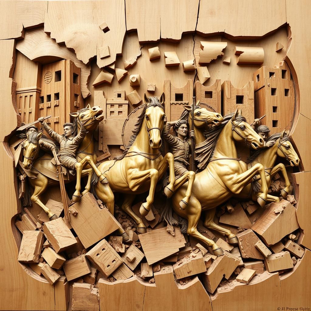 Wood Relief Sculpture of War, Cubist Style