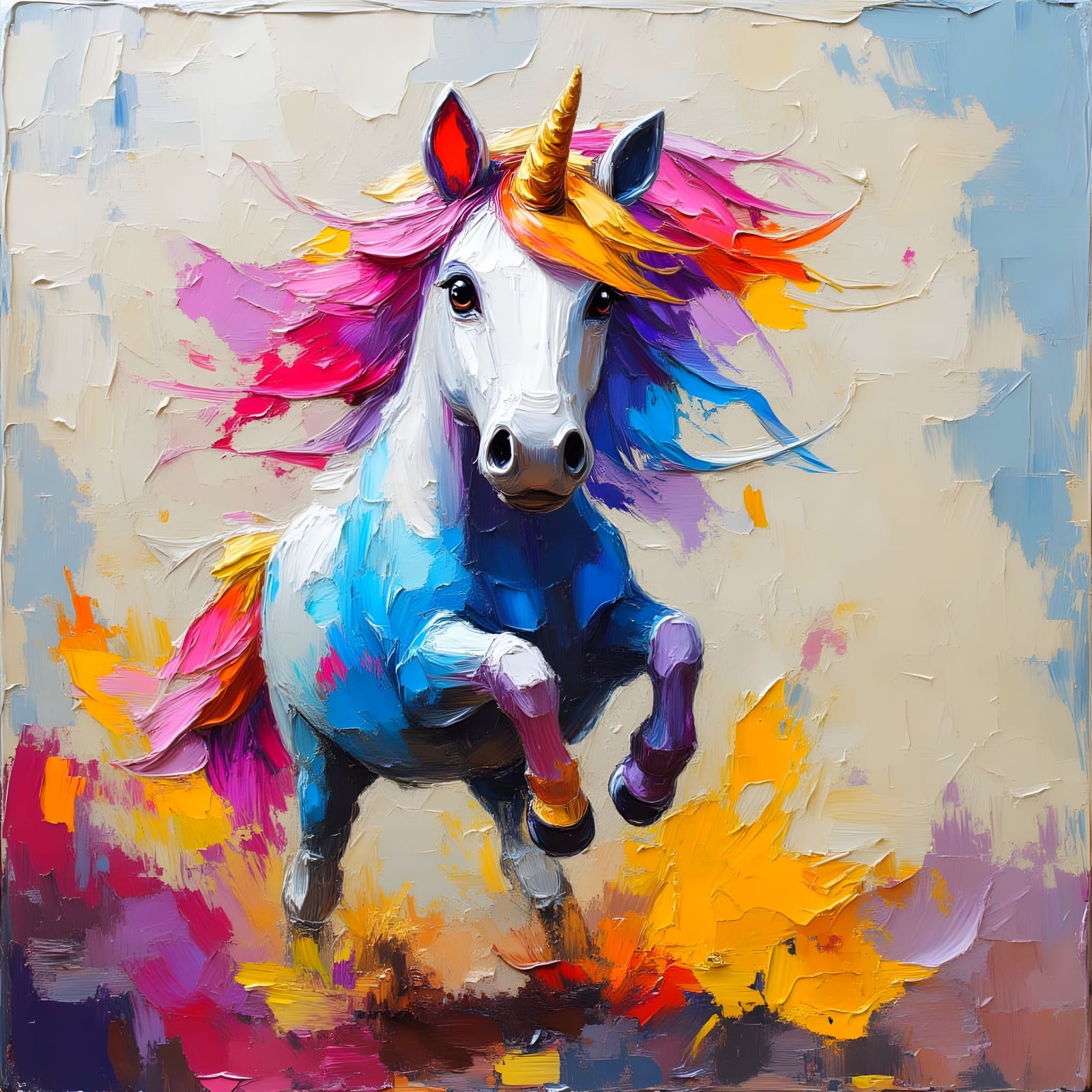 Colorful Impasto Unicorn Running in Expressive Abstract Art