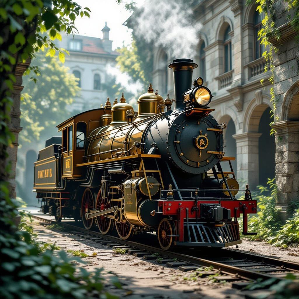 Vintage Steam Automaton Patrols Overgrown City Square