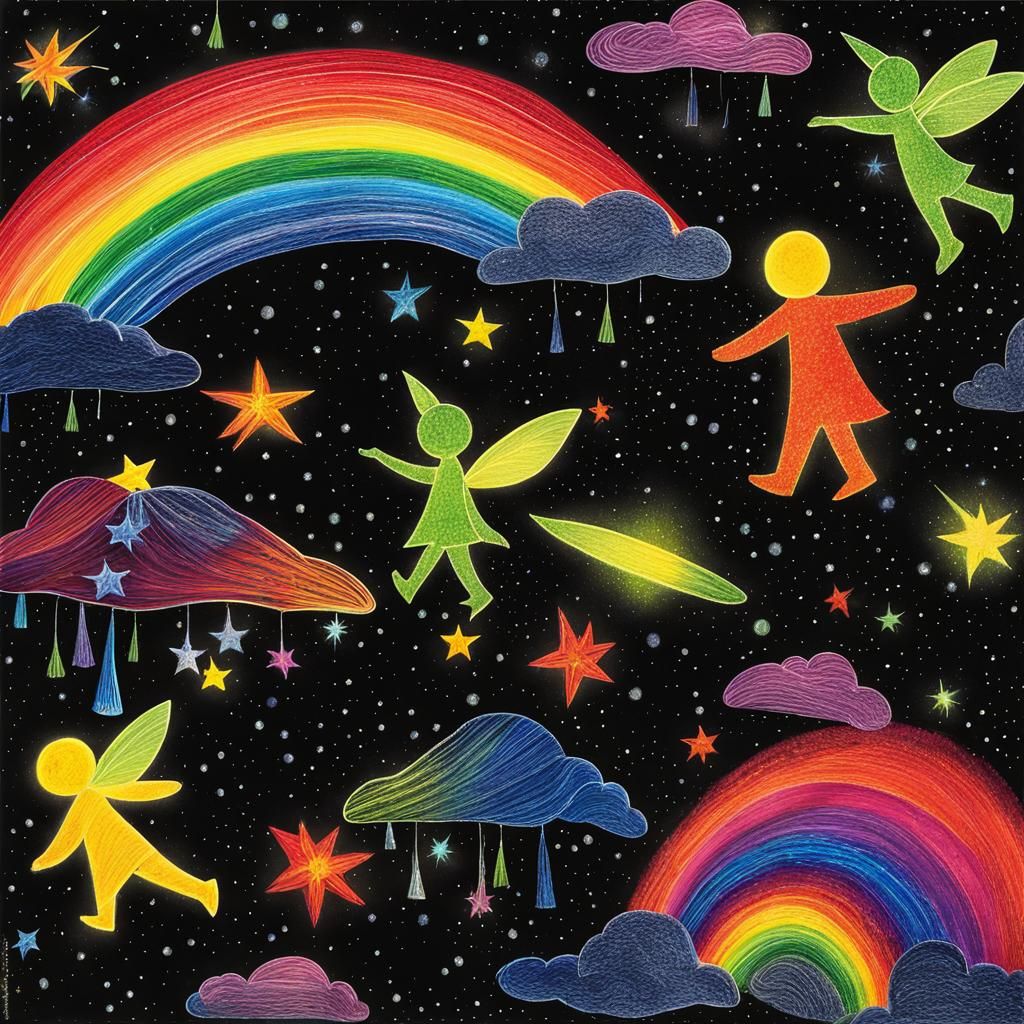 Fairies Play in Starry Night: Surreal Crayon Drawing