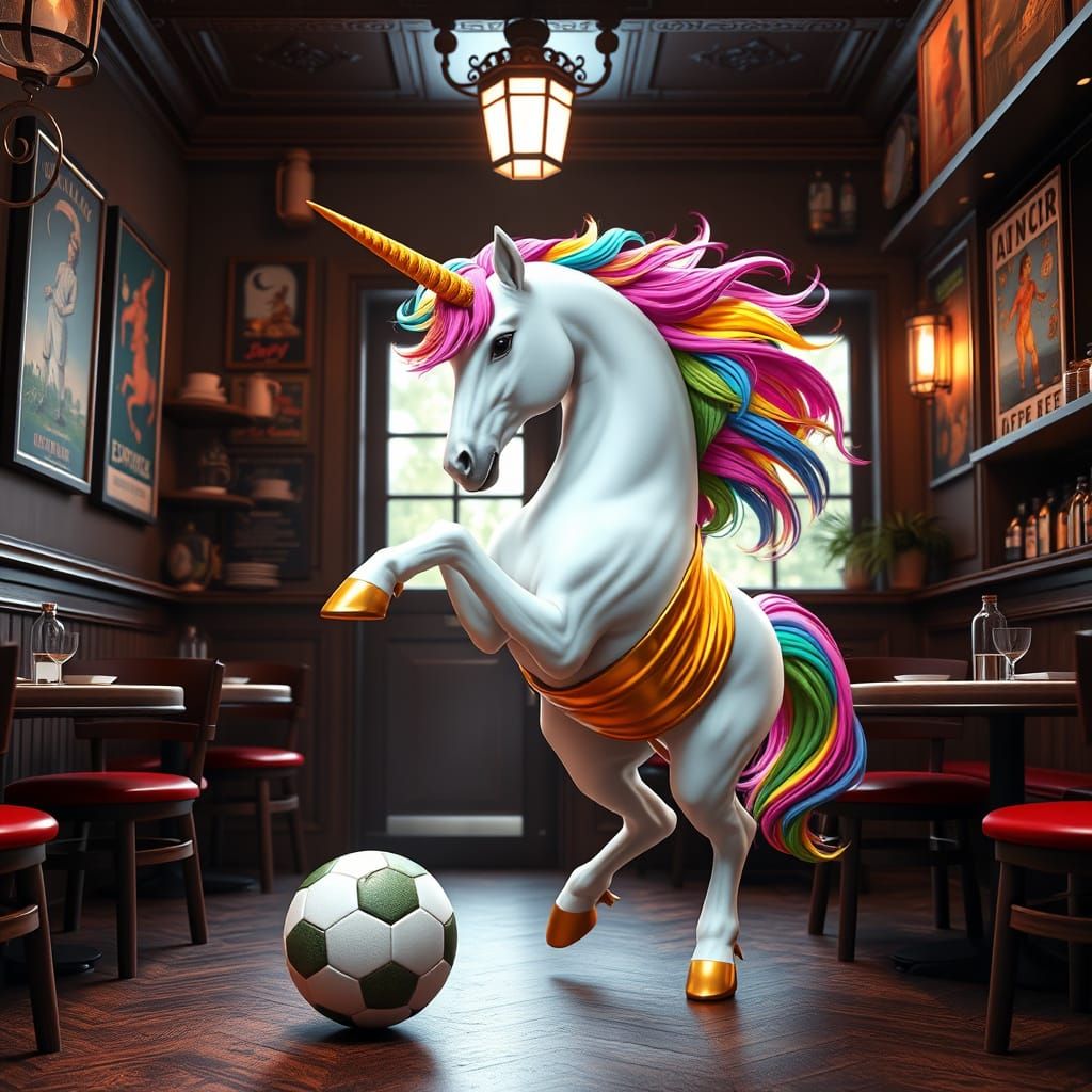 Surreal Soccer Unicorn in Italian Espresso Cafe