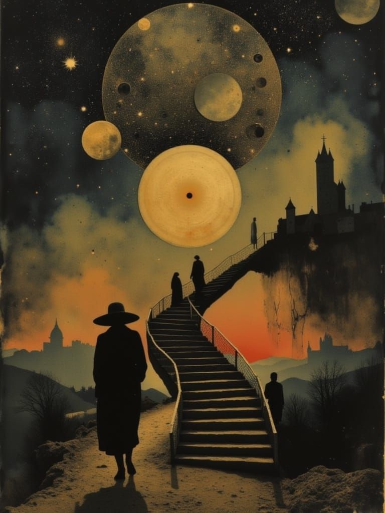 Surreal Dreamscape with Golden Sunset, Escher Style