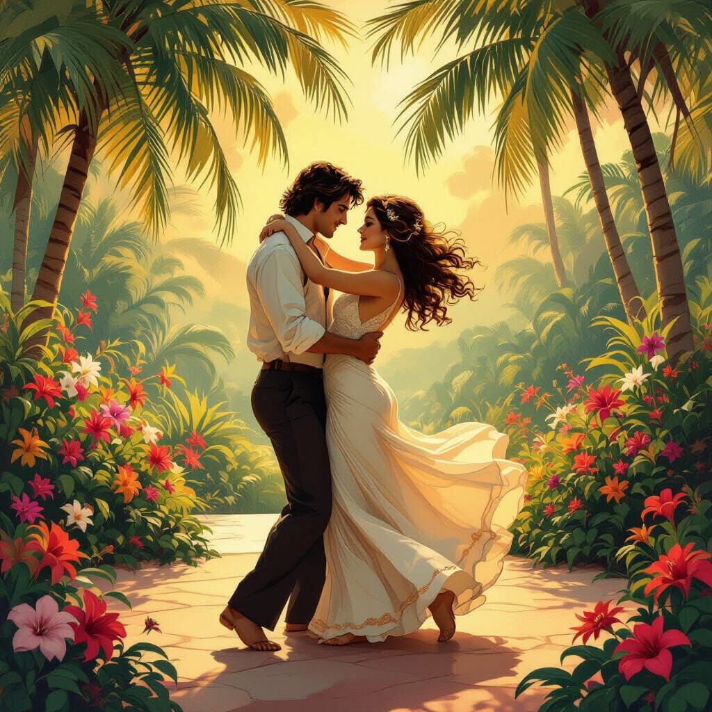 Passionate Couple Dancing in Lush Tropical Setting