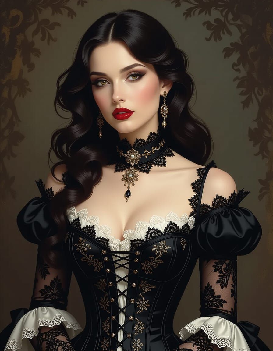 Gothic Victorian Woman in Black Lace Corset