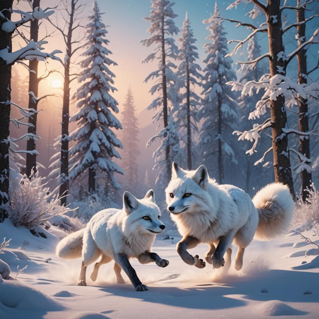 White Fox and Bunny in Snowy Fantasy Landscape