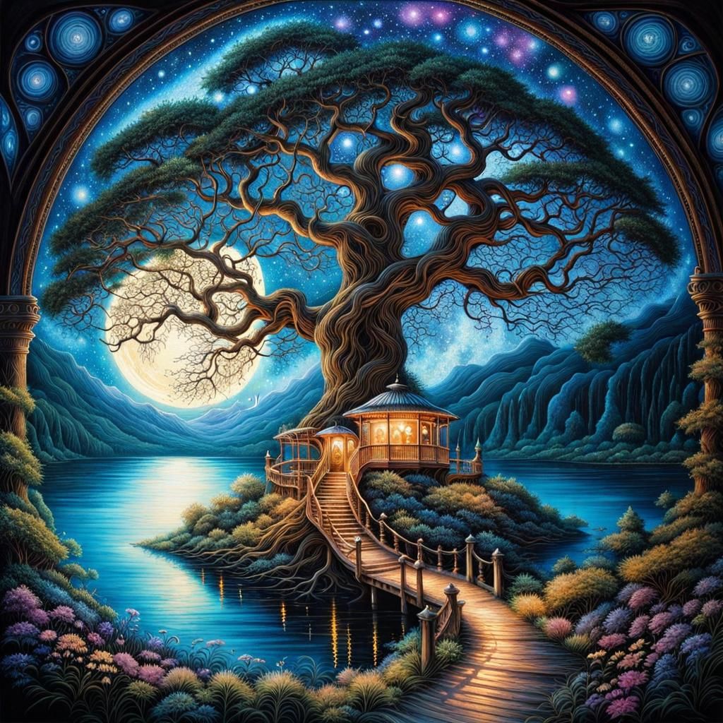 Dreamcatcher Tree Under Fantasy Constellations