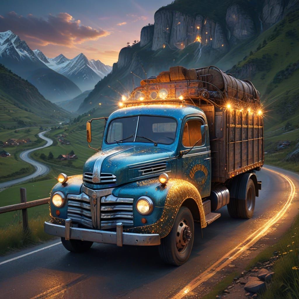 Old truck on the valley roads, villages and mountain.