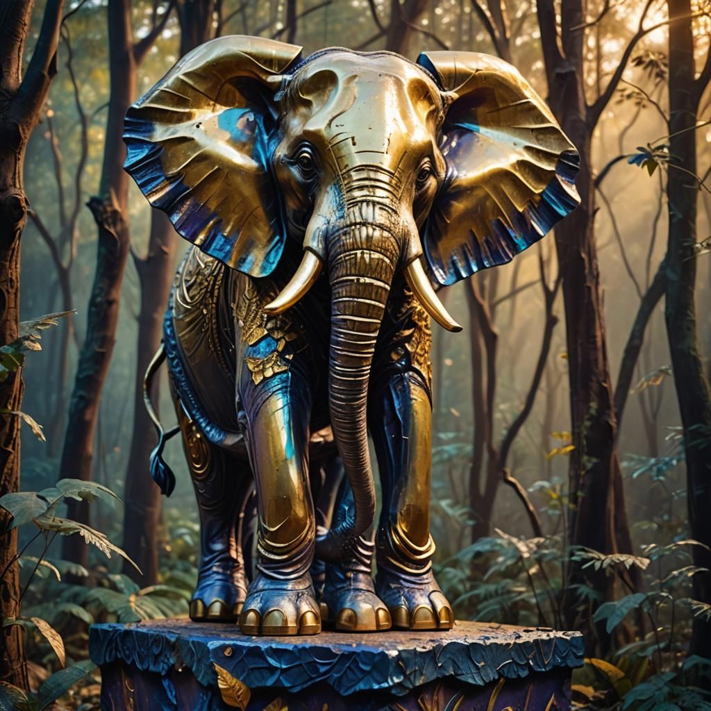 Golden Elephant Sculpture in Surreal Forest