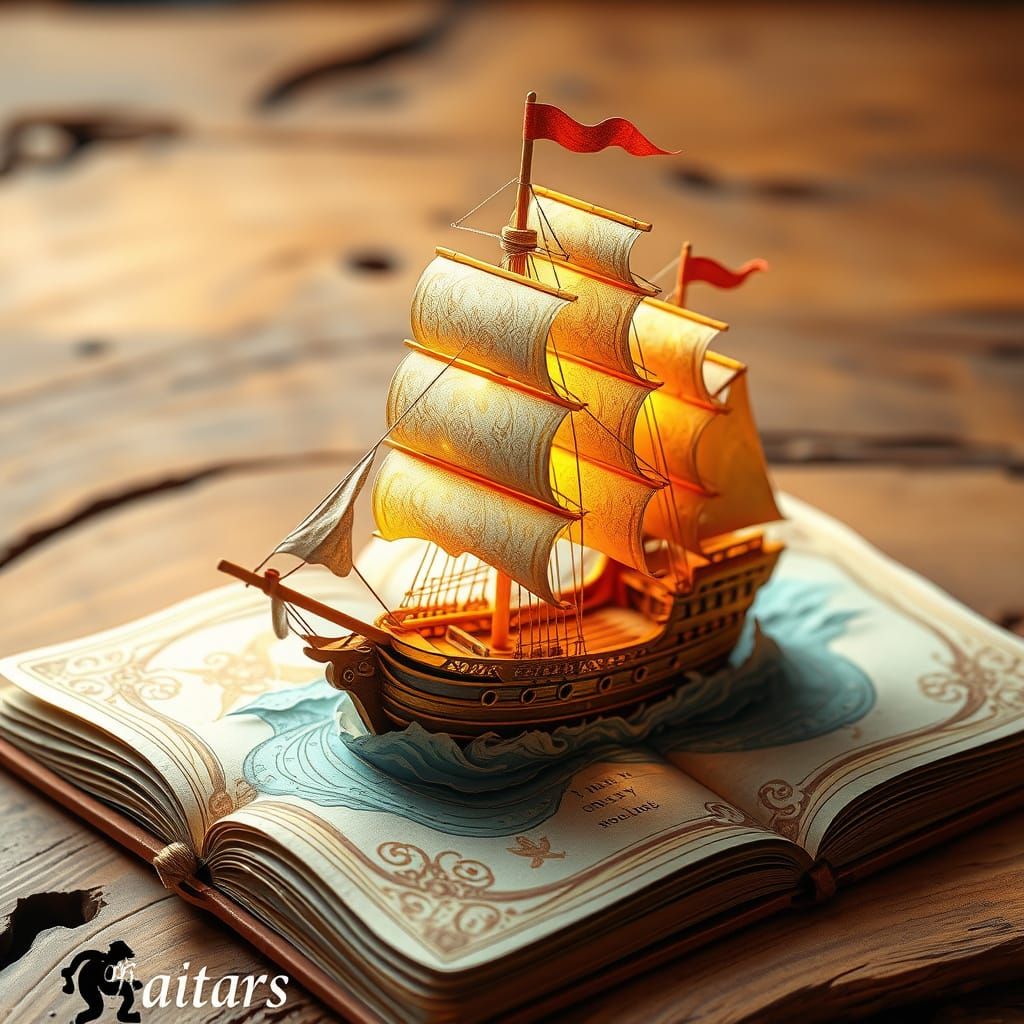 A ship with glowing sails emerging from an ancient, ornate t...