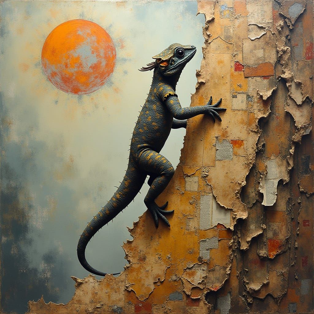 Surrealist collage. A radula-wielding gecko scales a vertical canvas, leaving a trail of ripped paper and fragmented ima...
