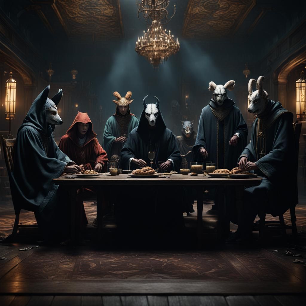 Animal Masked Figures in Dark Meeting