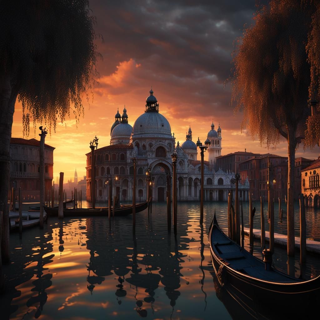 Venice Canals at Sunset in Klimt Style