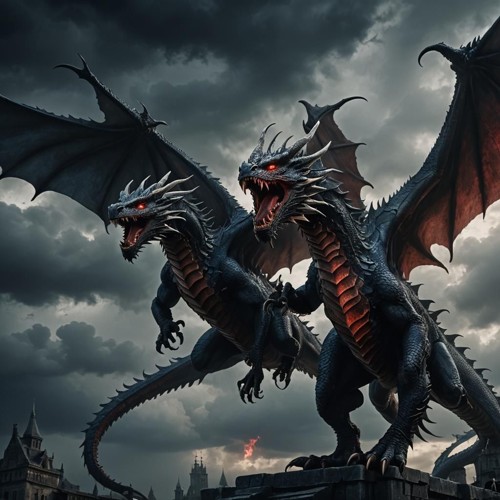 Two-Headed Dragon in Dark Fantasy Art Style
