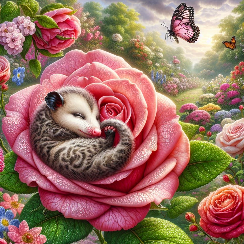 Baby Possum Asleep in Rose Garden