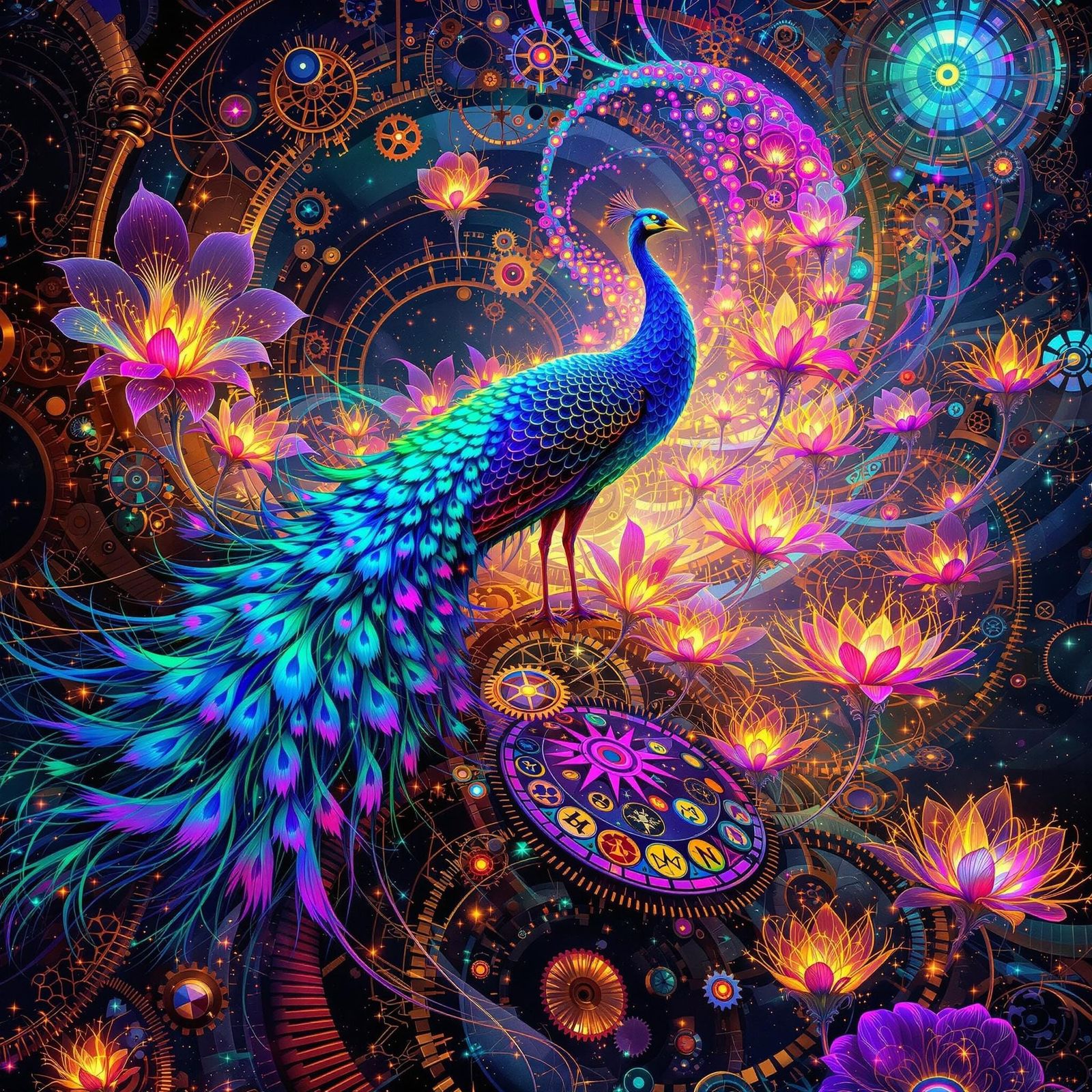 Surreal Steampunk Dreamscape with Iridescent Peacock and Fra...