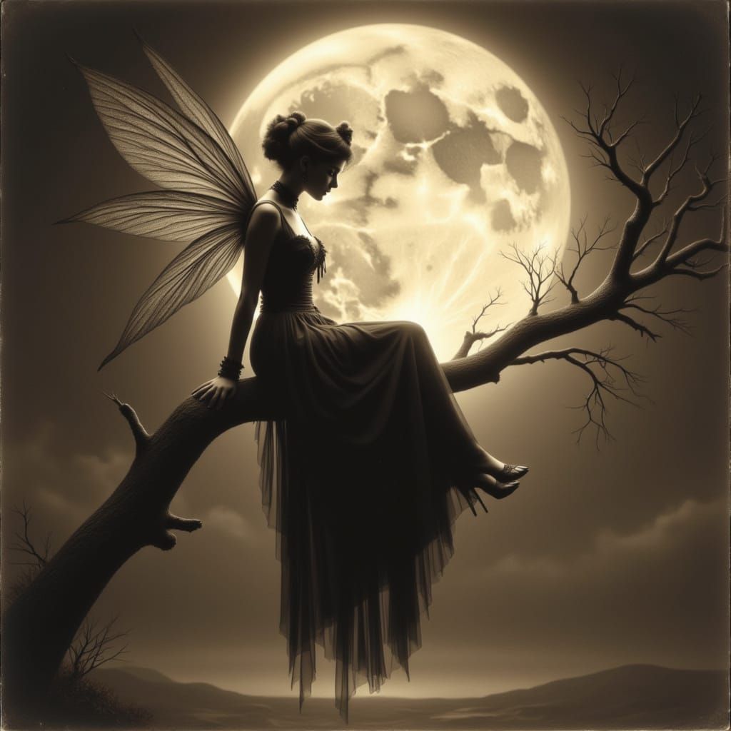 Mystical Fairy Silhouette Under Moon in Vintage Style