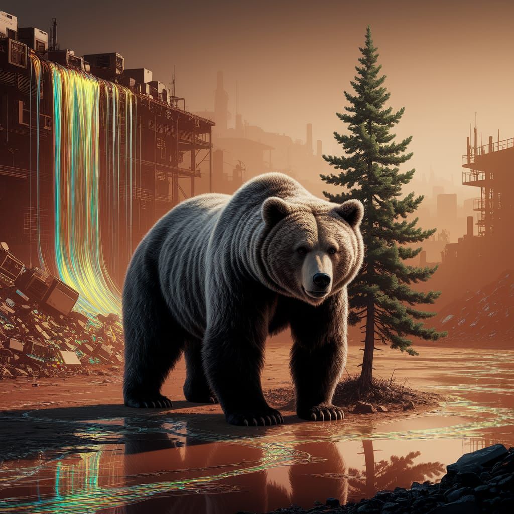 Grizzly Bear Protects Sapling in E-Waste Dump