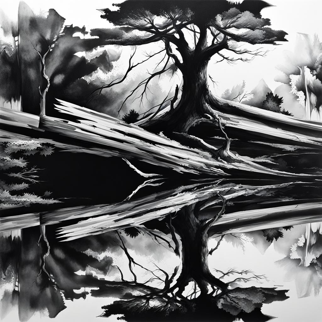 Monochrome Ink Tree Mirror Reflection