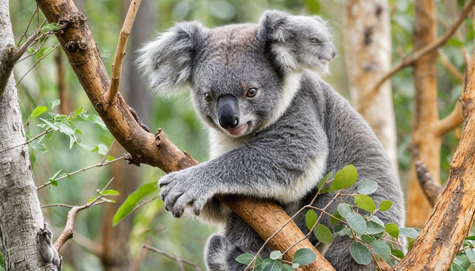 A Grey Koala Camouflaged in Eucalyptus Forest